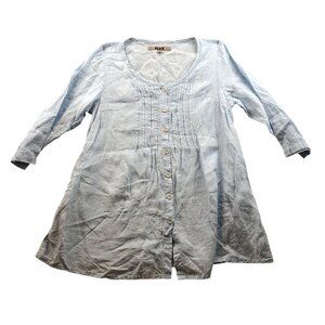 Flax Women's Tunic Blouse Size P Pintuck Babydoll 100% Linen Blue